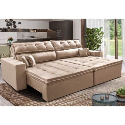 Sofá Retrátil e Reclinável 2,92m Luxos Cama inBox Velusoft Bege