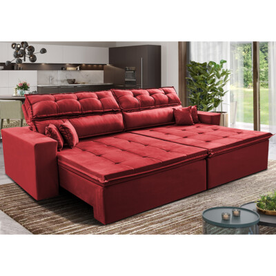 Sofá Retrátil e Reclinável 2,52m Luxos Cama inBox Velusoft Vermelho