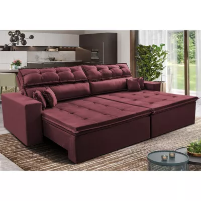 Sofá Retrátil e Reclinável 2,72m Luxos Cama inBox Velusoft Vinho