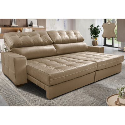 Sofá de Couro Legítimo Retrátil e Reclinável 2,75m Molas Ensacadas Cama inBox Majesty Bege