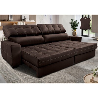 Sofá de Couro Legítimo Retrátil e Reclinável 2,95m Molas Ensacadas Cama inBox Majesty Marrom