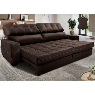 Sofá de Couro Legítimo Retrátil e Reclinável 2,35m Molas Ensacadas Cama inBox Majesty Marrom