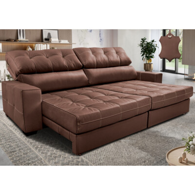Sofá de Couro Legítimo Retrátil e Reclinável 3,15m Molas Ensacadas Cama inBox Majesty Caramelo