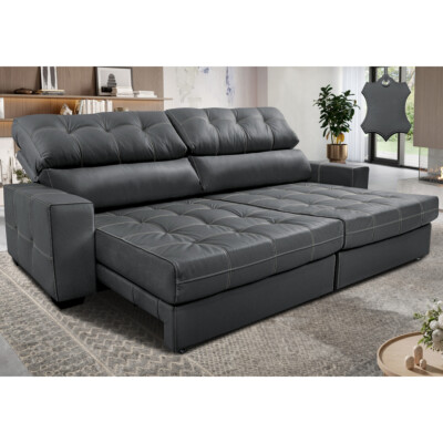 Sofá de Couro Legítimo Retrátil e Reclinável 2,15m Molas Ensacadas Cama inBox Majesty Cinza