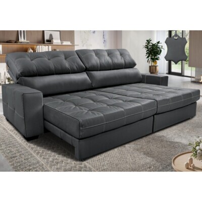 Sofá de Couro Legítimo Retrátil e Reclinável 2,55m Molas Ensacadas Cama inBox Majesty Cinza