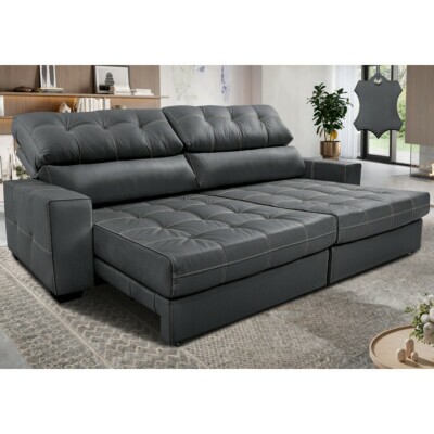 Sofá de Couro Legítimo Retrátil e Reclinável 2,35m Molas Ensacadas Cama inBox Majesty Cinza