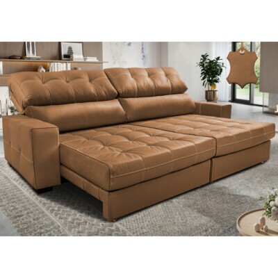Sofá de Couro Legítimo Retrátil e Reclinável 2,15m Molas Ensacadas Cama inBox Majesty Mel