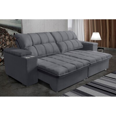 Sofá Retrátil e Reclinável 2,52m Cama inBox Marrocos com Molas e Suporte de Copo Velusoft Cinza