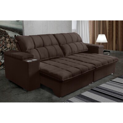 Sofá Retrátil e Reclinável 2,52m Cama inBox Marrocos com Molas e Suporte de Copo Velusoft Café