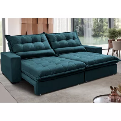 Sofa Retrátil e Reclinável 2,92m com Molas Ensacadas Cama inBox Soft Tecido Velusoft Petróleo