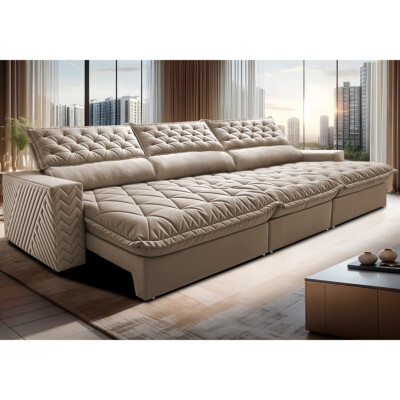 Sofá Retrátil e Reclinável 3,85m Molas Ensacadas Cama inBox Spazus com Bordado 3D Velusoft Bege