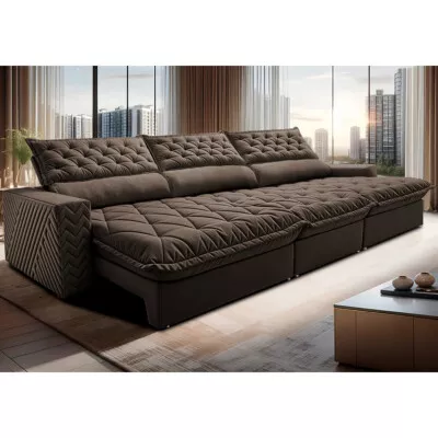 Sofá Retrátil e Reclinável 3,55m Molas Ensacadas Cama inBox Spazus com Bordado 3D Velusoft Café