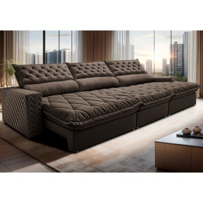 Sofá Retrátil e Reclinável 3,85m Molas Ensacadas Cama inBox Spazus com Bordado 3D Velusoft Café