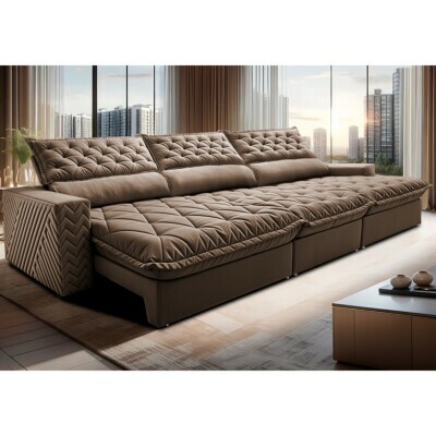 Sofá Retrátil e Reclinável 3,55m Molas Ensacadas Cama inBox Spazus com Bordado 3D Velusoft Castor