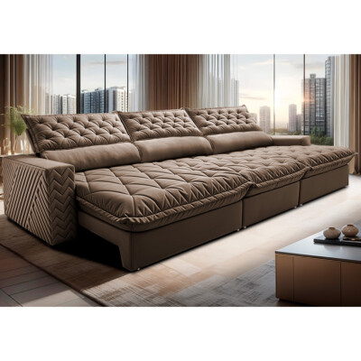 Sofá Retrátil e Reclinável 3,85m Molas Ensacadas Cama inBox Spazus com Bordado 3D Velusoft Castor