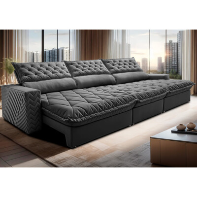 Sofá Retrátil e Reclinável 3,55m Molas Ensacadas Cama inBox Spazus com Bordado 3D Velusoft Cinza