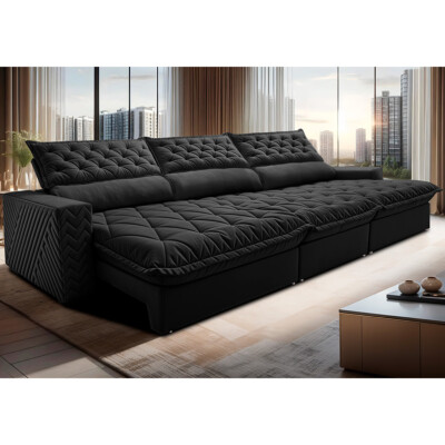 Sofá Retrátil e Reclinável 3,85m Molas Ensacadas Cama inBox Spazus com Bordado 3D Velusoft Preto
