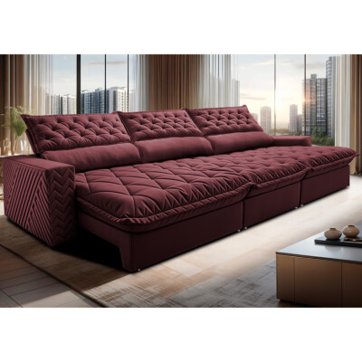 Sofá Retrátil e Reclinável 3,55m Molas Ensacadas Cama inBox Spazus com Bordado 3D Velusoft Vinho