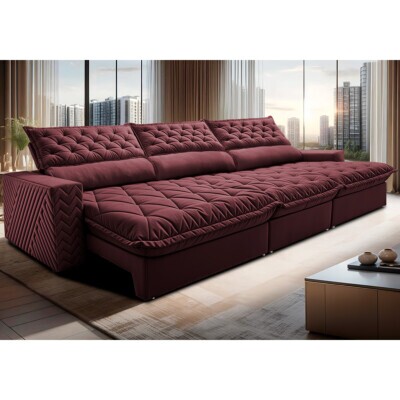 Sofá Retrátil e Reclinável 4,15m Molas Ensacadas Cama inBox Spazus com Bordado 3D Velusoft Vinho