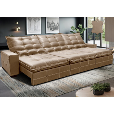 Sofá de Couro Legítimo Retrátil e Reclinável 3,85m Cama inBox Toro SoftGel D40 Bege