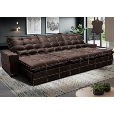 Sofá de Couro Legítimo Retrátil e Reclinável 3,55m Cama inBox Toro SoftGel D40 Marrom