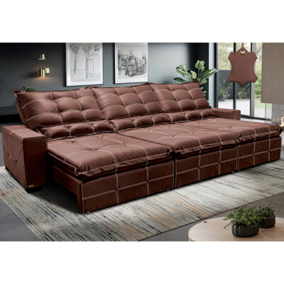 Sofá de Couro Legítimo Retrátil e Reclinável 3,55m Cama inBox Toro SoftGel D40 Caramelo
