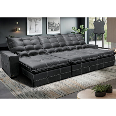 Sofá de Couro Legítimo Retrátil e Reclinável 4,15m Cama inBox Toro SoftGel D40 Cinza