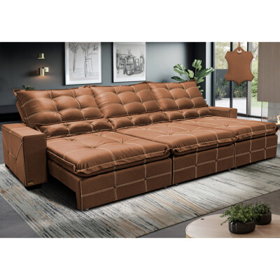 Sofá de Couro Legítimo Retrátil e Reclinável 3,85m Cama inBox Toro SoftGel D40 Mel
