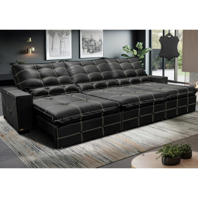 Sofá de Couro Legítimo Retrátil e Reclinável 3,55m Cama inBox Toro SoftGel D40 Preto