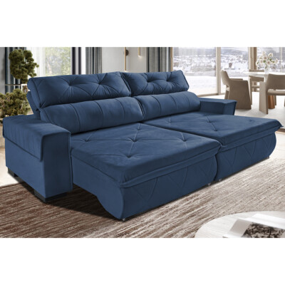 Sofá Retrátil e Reclinável 2,50m Cama inBox Tókio com Molas e Bordado 3D Velusoft Azul