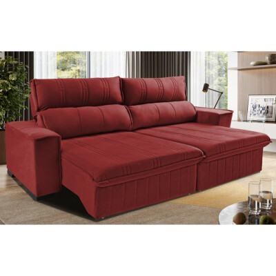 Sofá Retrátil e Reclinável 2,30m Cama inBox Flórida com Molas e Bordado 3D Velusoft Vermelho