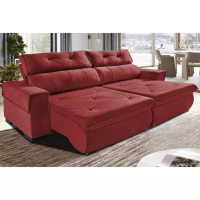 Sofá Retrátil e Reclinável 2,50m Cama inBox Tókio com Molas e Bordado 3D Velusoft Vermelho