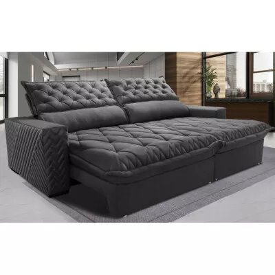 Sofá Retrátil e Reclinável 2,35m Molas Ensacadas Cama inBox Spazus com Bordado 3D Velusoft Cinza