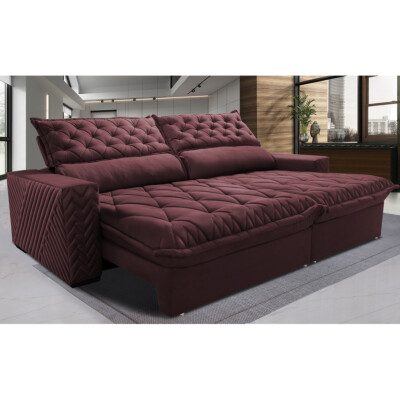 Sofá Retrátil e Reclinável 3,15m Molas Ensacadas Cama inBox Spazus com Bordado 3D Velusoft Vinho