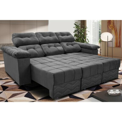 3 - Sofa Itália 2,40 Mts Retrátil e Reclinavel Tecido Suede Cinza