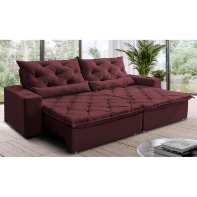 Sofá Lisboa 3,12m Retrátil, Reclinável com Molas no Assento Tecido Suede Velusoft Vinho - Cama InBox