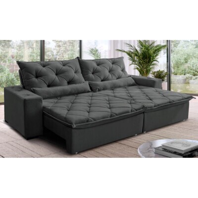 Sofá Lisboa 2,32m Retrátil, Reclinável com Molas no Assento Tecido Suede Velusoft Grafite - Cama InBox
